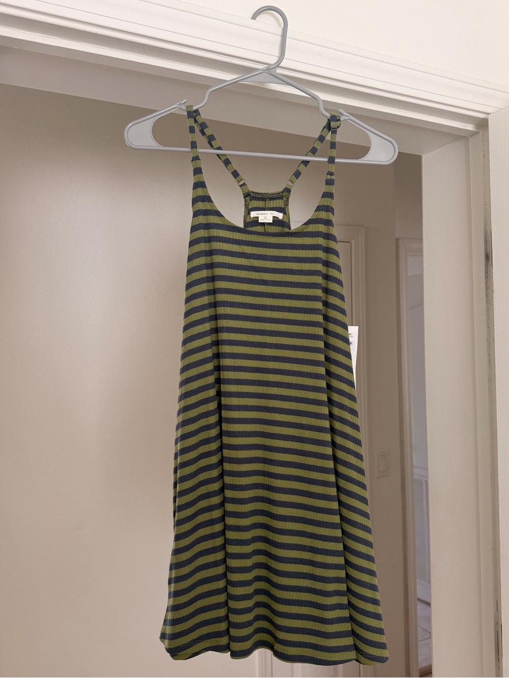 NWT O’Neill XS Racerback Tank Dress - Olive Green & Navy Blue Striped
